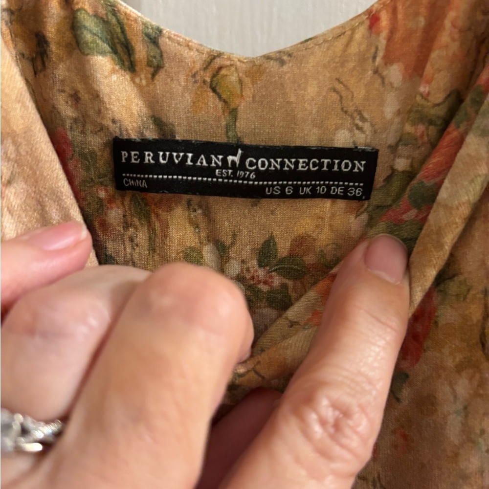 Peruvian Connection Floral Maxi Dress - Beige and Red Boho Cottagecore, Sz 6 - Picture 4 of 8